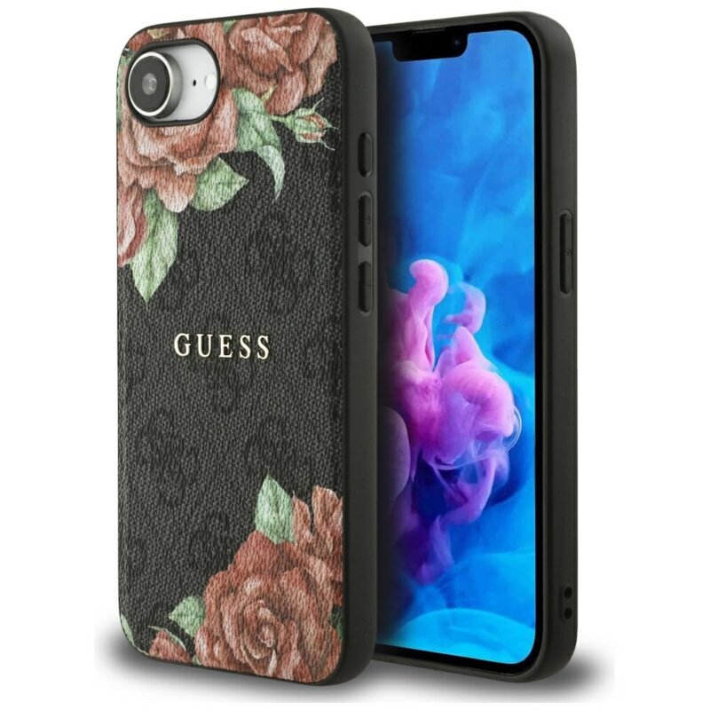 Husa originala Guess iPhone 16e Hardcase 4G Flower Print MagSafe, negru, GUHMPSE4P4ROPEMCK