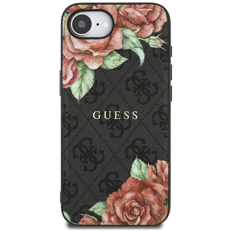 Husa originala Guess iPhone 16e Hardcase 4G Flower Print MagSafe, negru, GUHMPSE4P4ROPEMCK