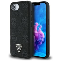 Husa iPhone 16e Guess Peony Grained Hot Stamp Triangle Logo MagSafe, negru, GUHMPSE4PGBTMK