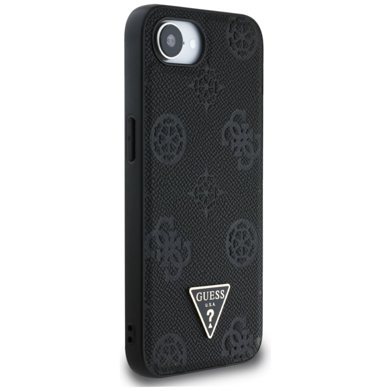 Husa iPhone 16e Guess Peony Grained Hot Stamp Triangle Logo MagSafe, negru, GUHMPSE4PGBTMK