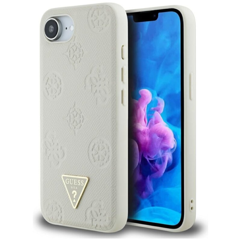 Husa iPhone 16e Guess Peony Grained Hot Stamp Triangle Logo MagSafe, bej, GUHMPSE4PGBTME