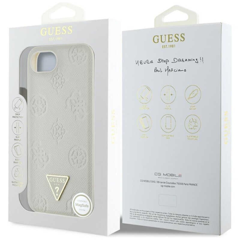 Husa iPhone 16e Guess Peony Grained Hot Stamp Triangle Logo MagSafe, bej, GUHMPSE4PGBTME