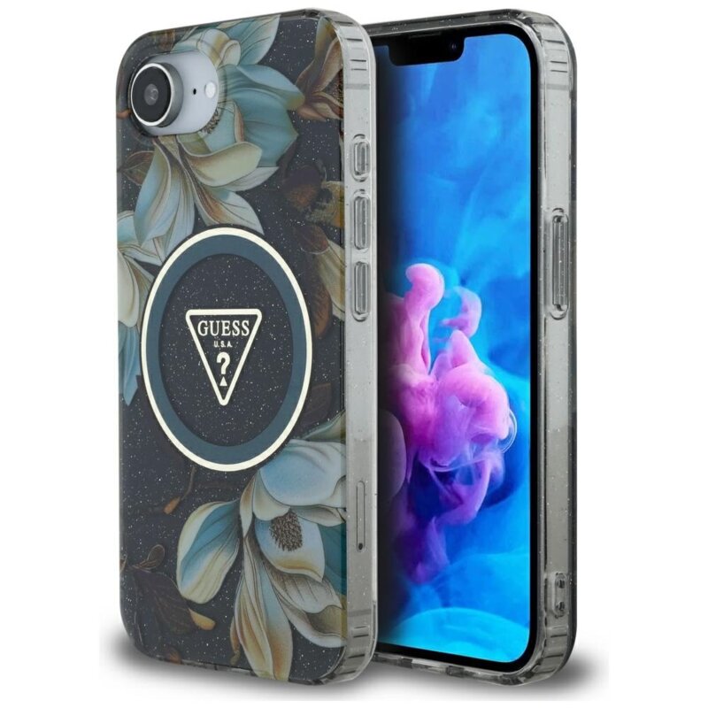 Husa iPhone 16e originala Guess IML Metal Glitter Flowers Triangle MagSafe, negru, GUHMPSE4HFLPEDK