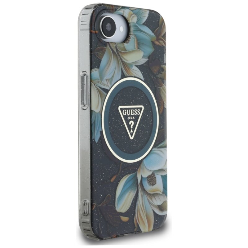Husa iPhone 16e originala Guess IML Metal Glitter Flowers Triangle MagSafe, negru, GUHMPSE4HFLPEDK