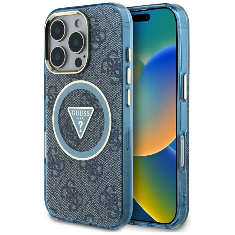 Husa iPhone 16 Pro Max originala Guess IML Metal Glitter 4G Circle Triangle MagSafe, albastru, GUHMP16XHG4PRTGB