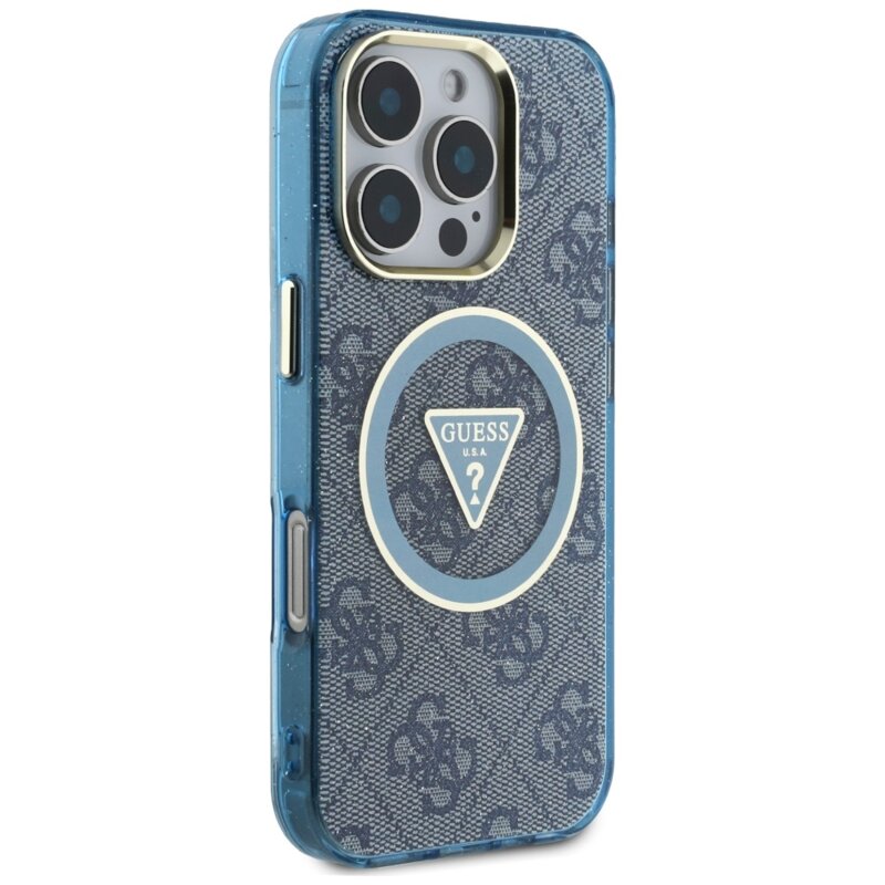 Husa iPhone 16 Pro Max originala Guess IML Metal Glitter 4G Circle Triangle MagSafe, albastru, GUHMP16XHG4PRTGB