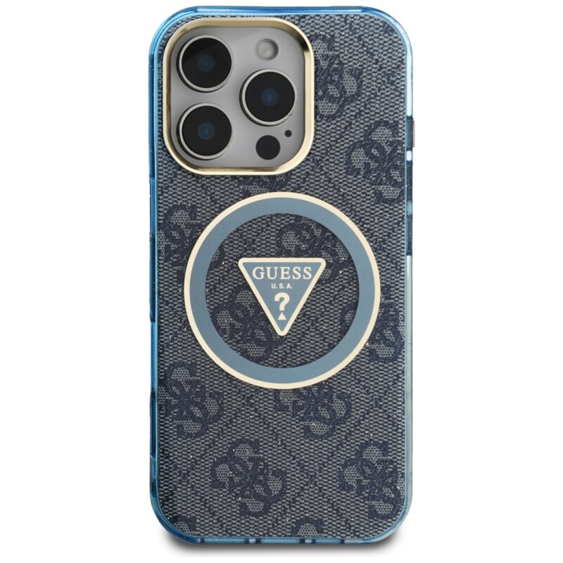 Husa iPhone 16 Pro Max originala Guess IML Metal Glitter 4G Circle Triangle MagSafe, albastru, GUHMP16XHG4PRTGB