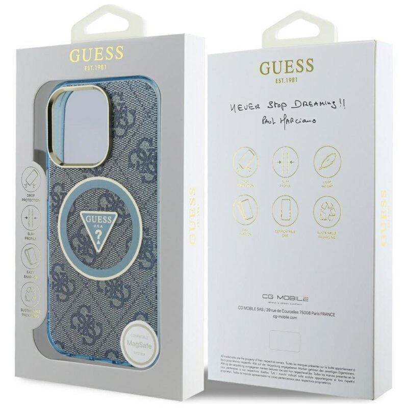 Husa iPhone 16 Pro Max originala Guess IML Metal Glitter 4G Circle Triangle MagSafe, albastru, GUHMP16XHG4PRTGB