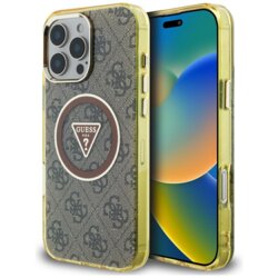 Husa iPhone 16 Pro Max originala Guess IML Metal Glitter 4G Circle Triangle MagSafe, maro, GUHMP16XHG4PRTGW