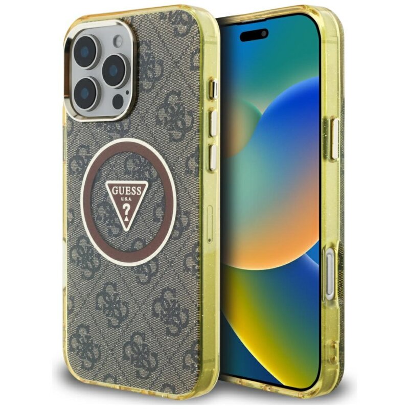 Husa iPhone 16 Pro Max originala Guess IML Metal Glitter 4G Circle Triangle MagSafe, maro, GUHMP16XHG4PRTGW