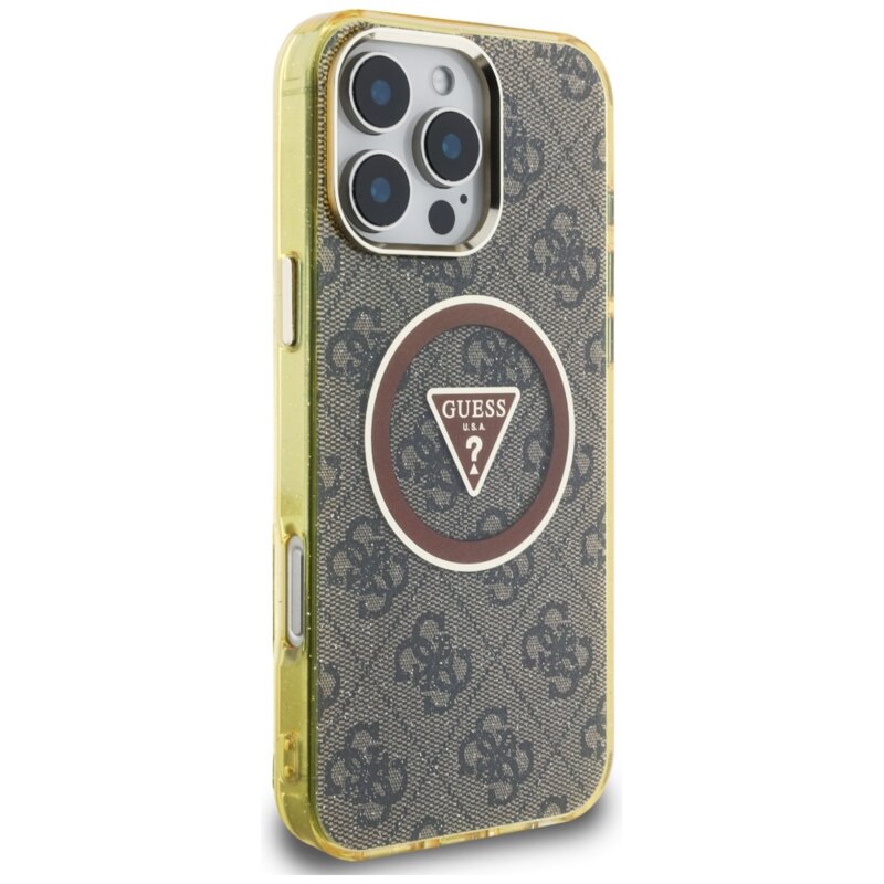 Husa iPhone 16 Pro Max originala Guess IML Metal Glitter 4G Circle Triangle MagSafe, maro, GUHMP16XHG4PRTGW