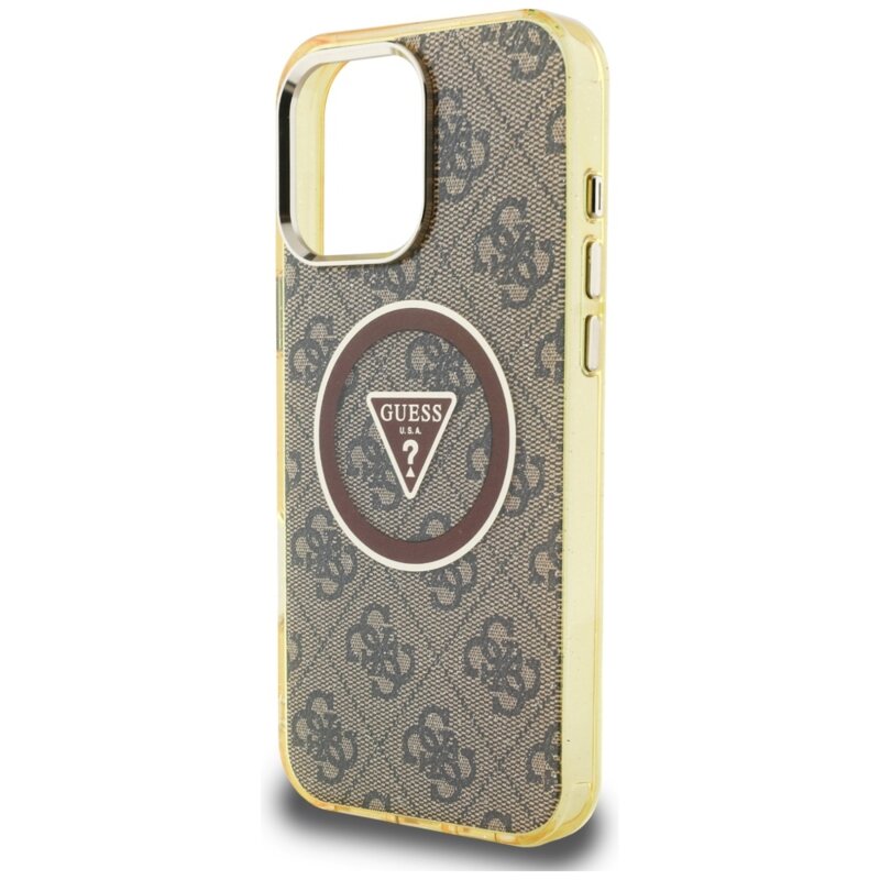 Husa iPhone 16 Pro Max originala Guess IML Metal Glitter 4G Circle Triangle MagSafe, maro, GUHMP16XHG4PRTGW