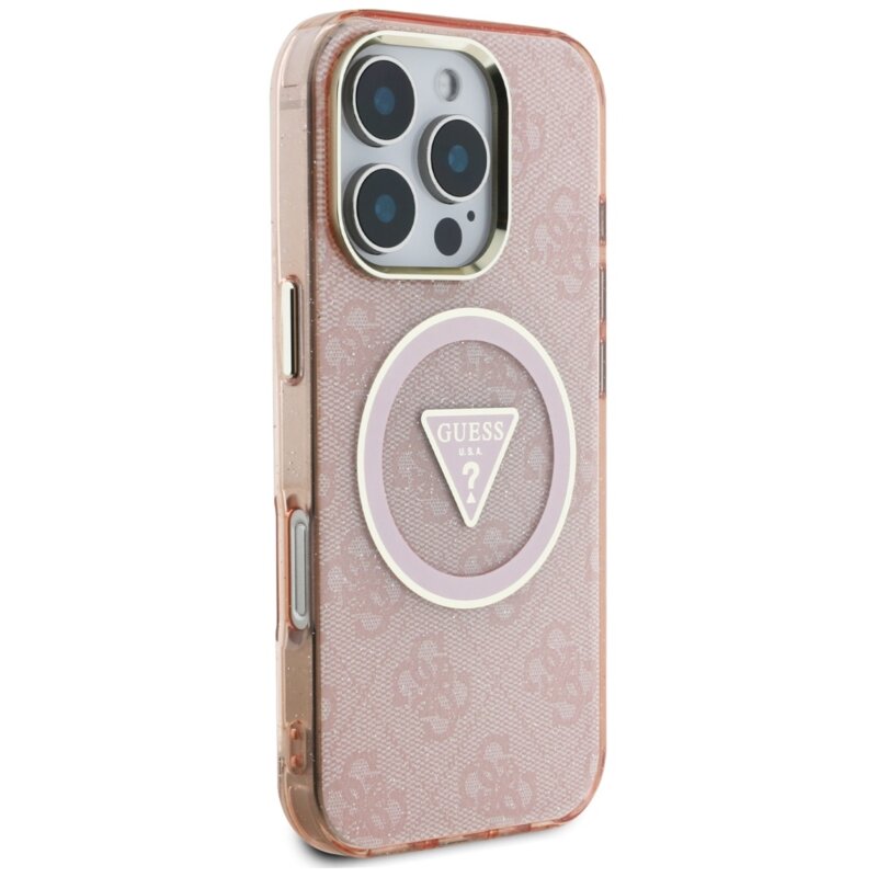 Husa iPhone 16 Pro Max originala Guess IML Metal Glitter 4G Circle Triangle MagSafe, roz, GUHMP16XHG4PRTGP