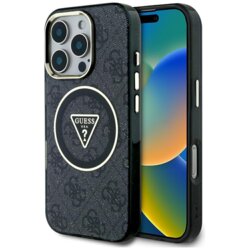 Husa iPhone 16 Pro Max originala Guess IML Metal Glitter 4G Circle Triangle MagSafe, negru, GUHMP16XHG4PRTGK
