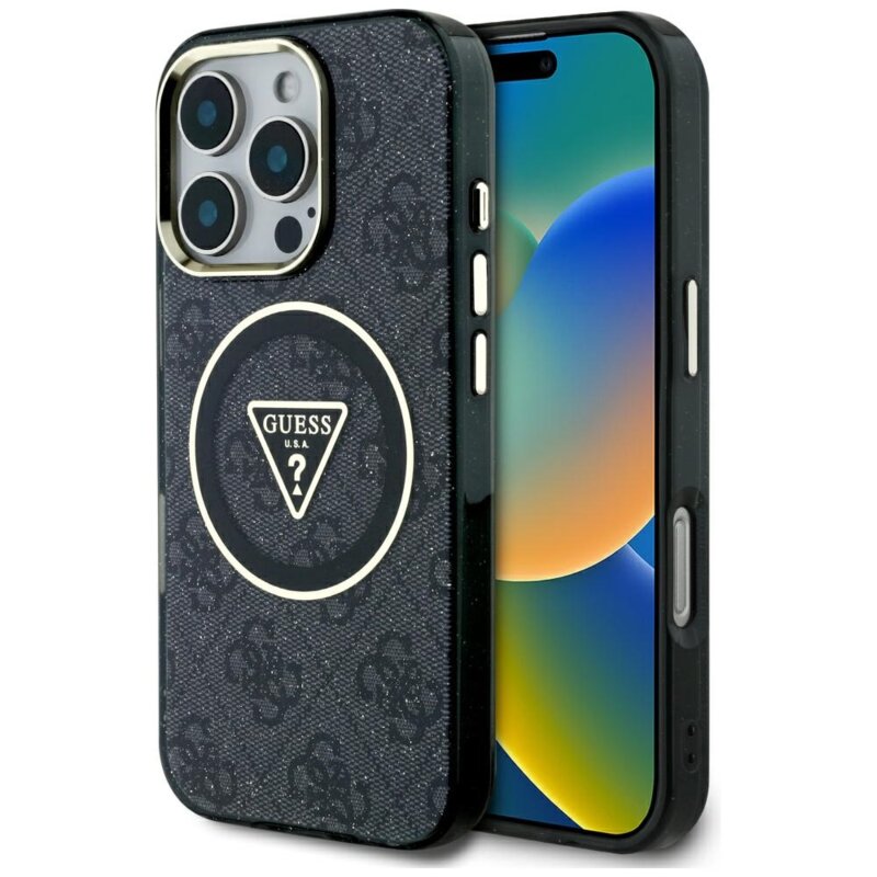 Husa iPhone 16 Pro Max originala Guess IML Metal Glitter 4G Circle Triangle MagSafe, negru, GUHMP16XHG4PRTGK