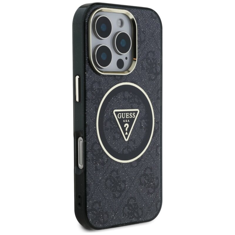 Husa iPhone 16 Pro Max originala Guess IML Metal Glitter 4G Circle Triangle MagSafe, negru, GUHMP16XHG4PRTGK