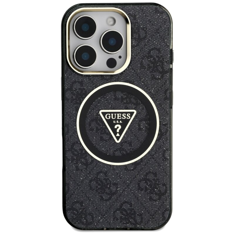 Husa iPhone 16 Pro Max originala Guess IML Metal Glitter 4G Circle Triangle MagSafe, negru, GUHMP16XHG4PRTGK