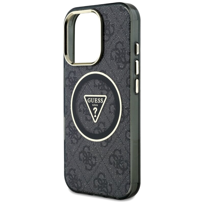Husa iPhone 16 Pro Max originala Guess IML Metal Glitter 4G Circle Triangle MagSafe, negru, GUHMP16XHG4PRTGK