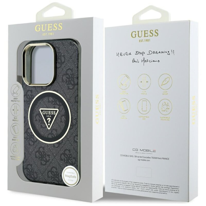 Husa iPhone 16 Pro Max originala Guess IML Metal Glitter 4G Circle Triangle MagSafe, negru, GUHMP16XHG4PRTGK
