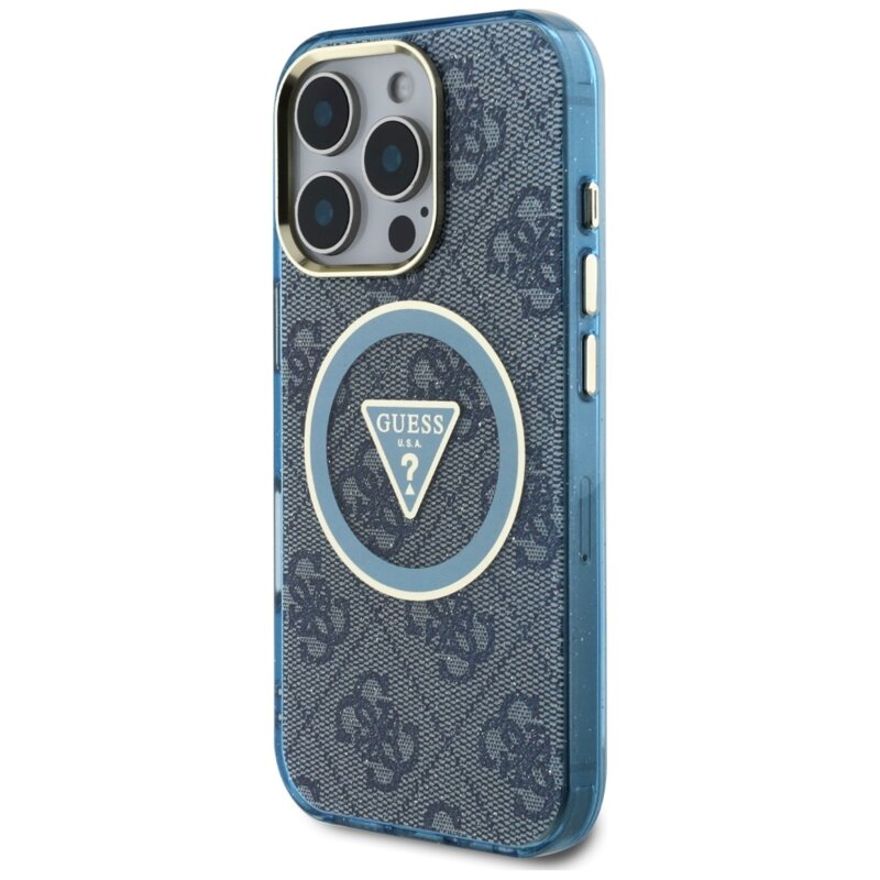 Husa iPhone 16 Pro originala Guess IML Metal Glitter 4G Circle Triangle MagSafe, albastru, GUHMP16LHG4PRTGB