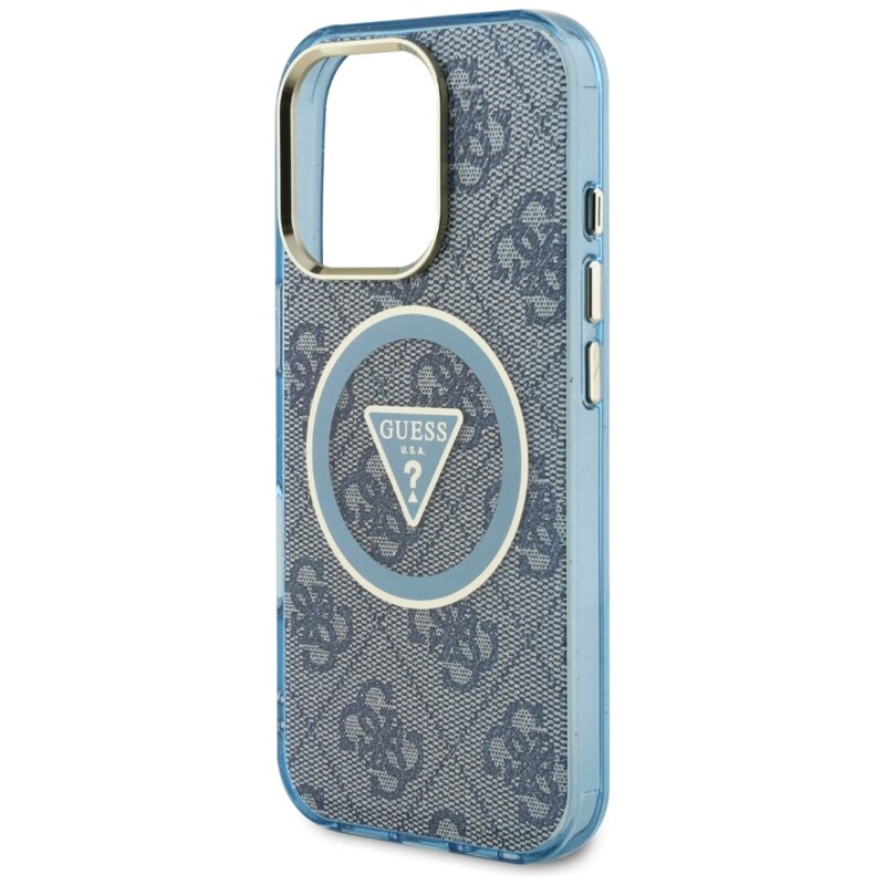 Husa iPhone 16 Pro originala Guess IML Metal Glitter 4G Circle Triangle MagSafe, albastru, GUHMP16LHG4PRTGB