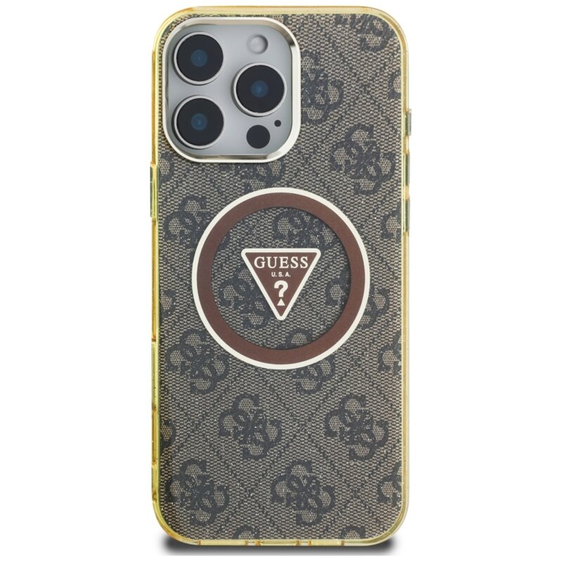 Husa iPhone 16 Pro originala Guess IML Metal Glitter 4G Circle Triangle MagSafe, maro, GUHMP16LHG4PRTGW