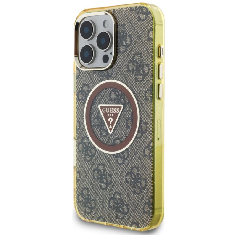 Husa iPhone 16 Pro originala Guess IML Metal Glitter 4G Circle Triangle MagSafe, maro, GUHMP16LHG4PRTGW