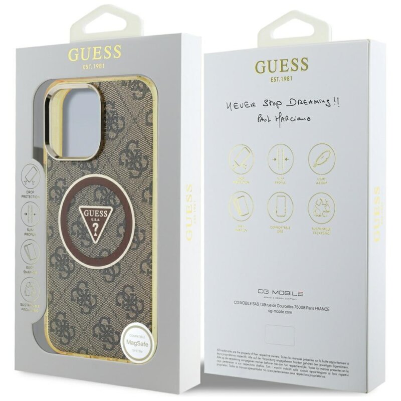 Husa iPhone 16 Pro originala Guess IML Metal Glitter 4G Circle Triangle MagSafe, maro, GUHMP16LHG4PRTGW