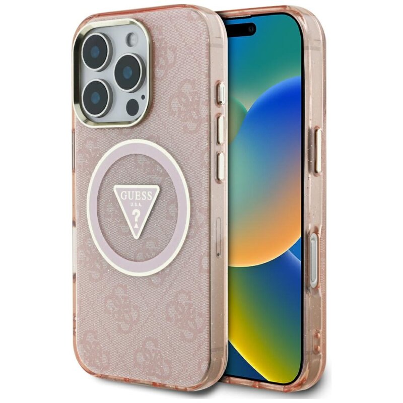 Husa iPhone 16 Pro originala Guess IML Metal Glitter 4G Circle Triangle MagSafe, roz, GUHMP16LHG4PRTGP