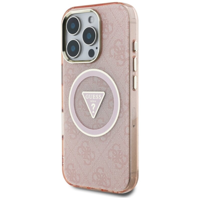 Husa iPhone 16 Pro originala Guess IML Metal Glitter 4G Circle Triangle MagSafe, roz, GUHMP16LHG4PRTGP