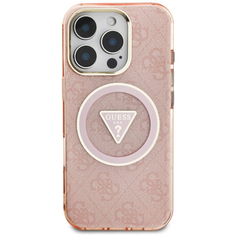 Husa iPhone 16 Pro originala Guess IML Metal Glitter 4G Circle Triangle MagSafe, roz, GUHMP16LHG4PRTGP