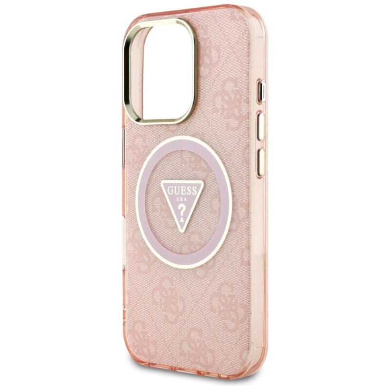 Husa iPhone 16 Pro originala Guess IML Metal Glitter 4G Circle Triangle MagSafe, roz, GUHMP16LHG4PRTGP