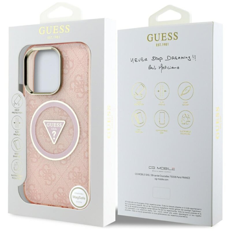 Husa iPhone 16 Pro originala Guess IML Metal Glitter 4G Circle Triangle MagSafe, roz, GUHMP16LHG4PRTGP