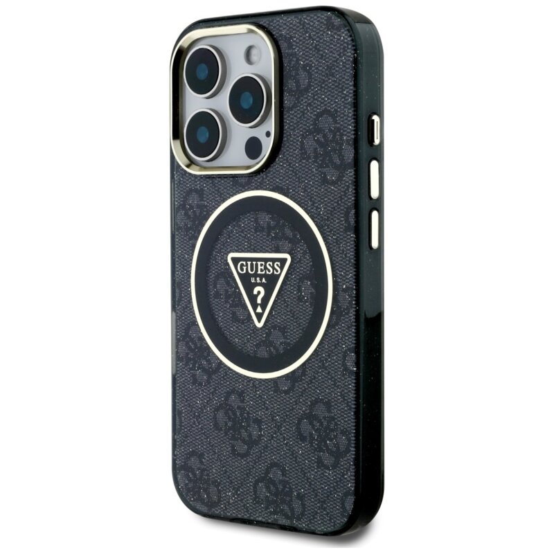 Husa iPhone 16 Pro originala Guess IML Metal Glitter 4G Circle Triangle MagSafe, negru, GUHMP16LHG4PRTGK