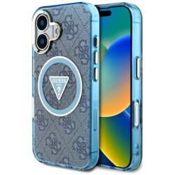Husa iPhone 16 originala Guess IML Metal Glitter 4G Circle Triangle MagSafe, albastru, GUHMP16SHG4PRTGB
