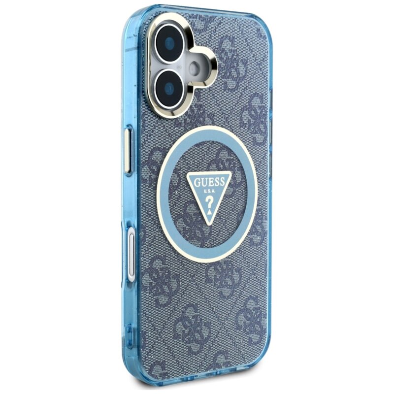 Husa iPhone 16 originala Guess IML Metal Glitter 4G Circle Triangle MagSafe, albastru, GUHMP16SHG4PRTGB