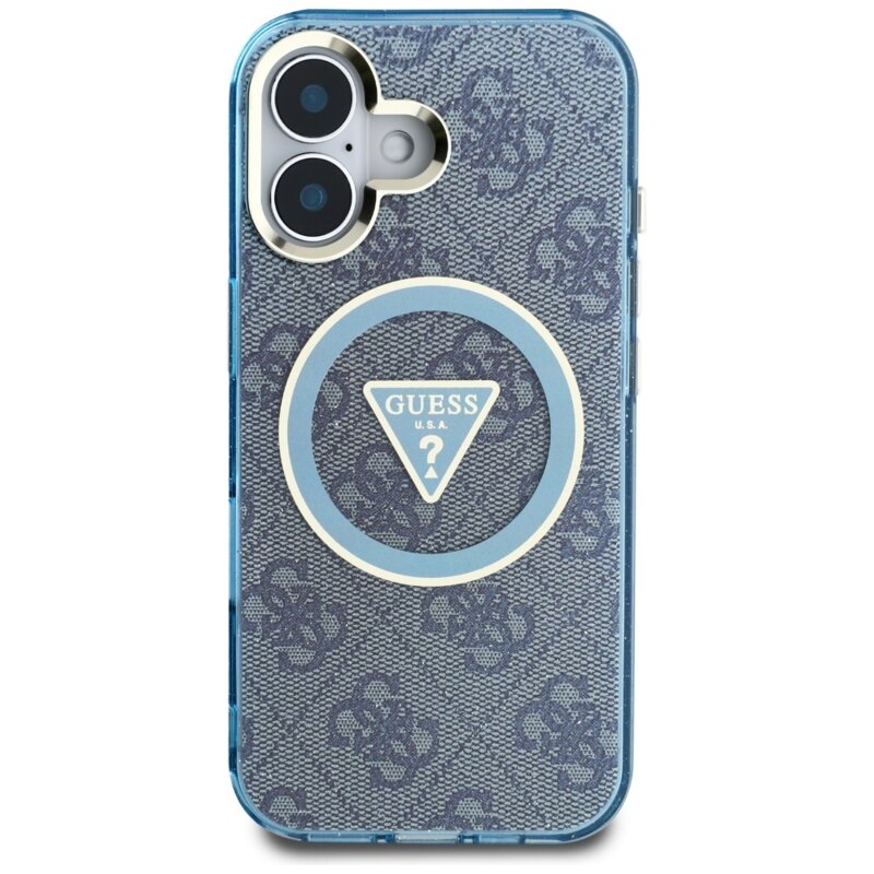 Husa iPhone 16 originala Guess IML Metal Glitter 4G Circle Triangle MagSafe, albastru, GUHMP16SHG4PRTGB
