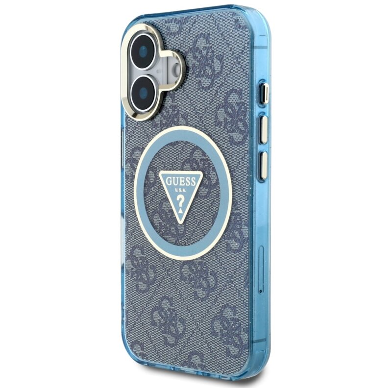 Husa iPhone 16 originala Guess IML Metal Glitter 4G Circle Triangle MagSafe, albastru, GUHMP16SHG4PRTGB