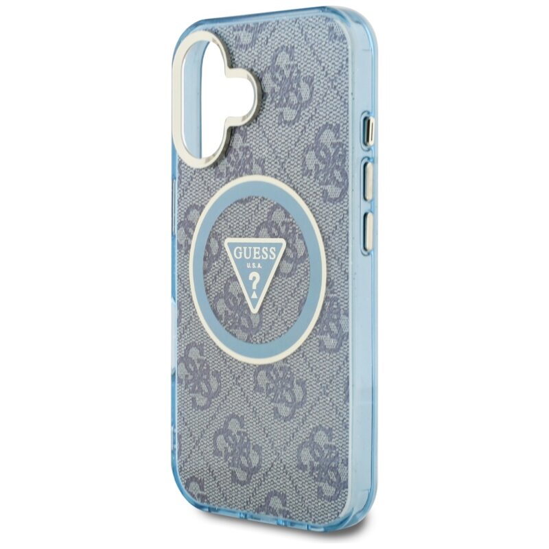 Husa iPhone 16 originala Guess IML Metal Glitter 4G Circle Triangle MagSafe, albastru, GUHMP16SHG4PRTGB