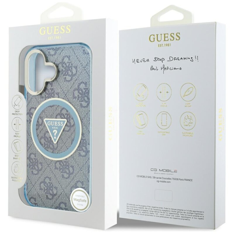 Husa iPhone 16 originala Guess IML Metal Glitter 4G Circle Triangle MagSafe, albastru, GUHMP16SHG4PRTGB