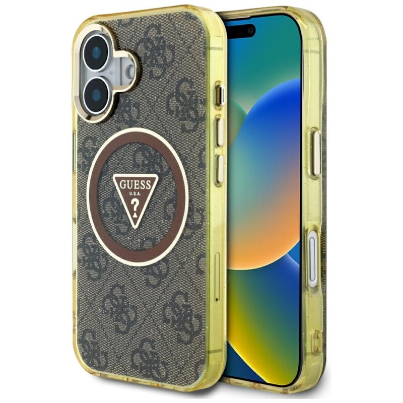 Husa iPhone 16 originala Guess IML Metal Glitter 4G Circle Triangle MagSafe, maro, GUHMP16SHG4PRTGW