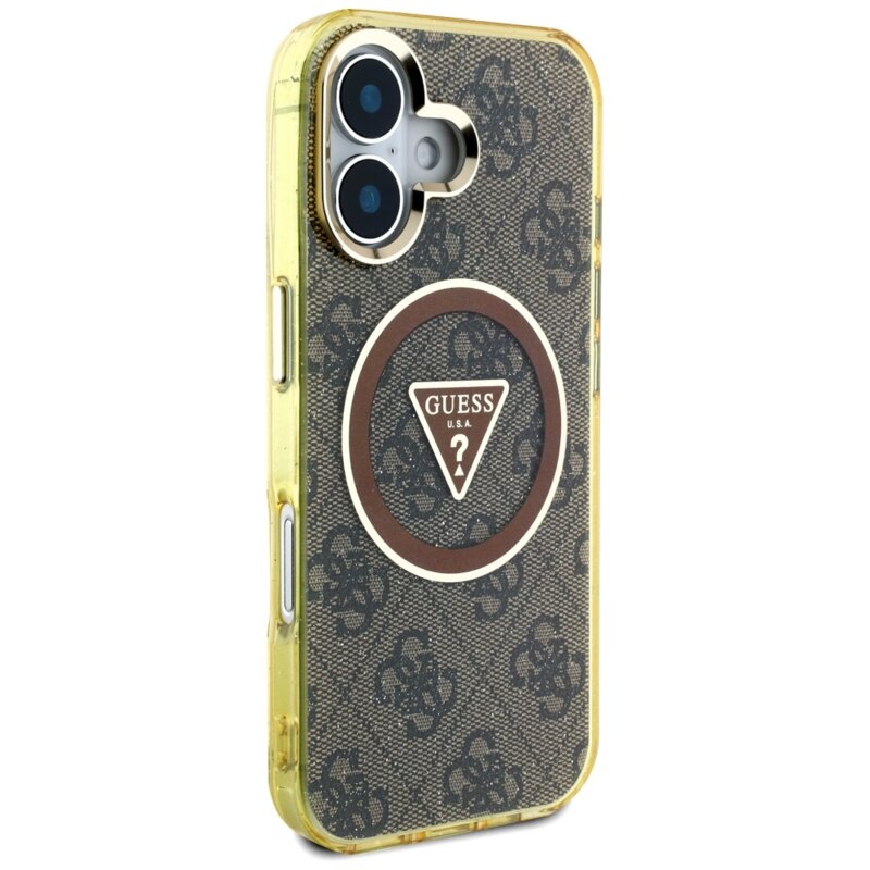 Husa iPhone 16 originala Guess IML Metal Glitter 4G Circle Triangle MagSafe, maro, GUHMP16SHG4PRTGW