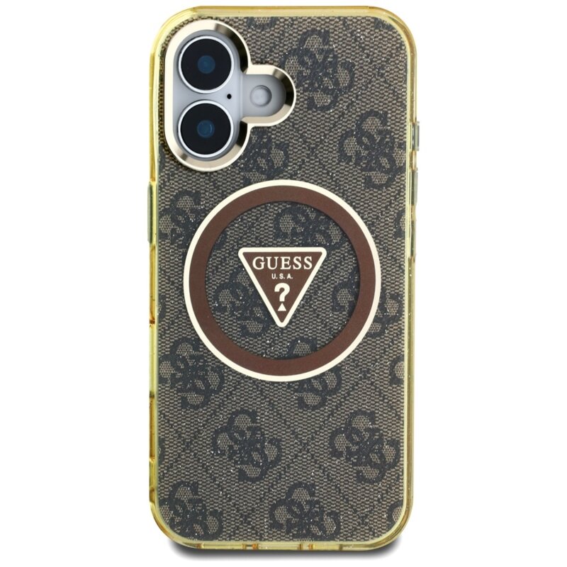 Husa iPhone 16 originala Guess IML Metal Glitter 4G Circle Triangle MagSafe, maro, GUHMP16SHG4PRTGW