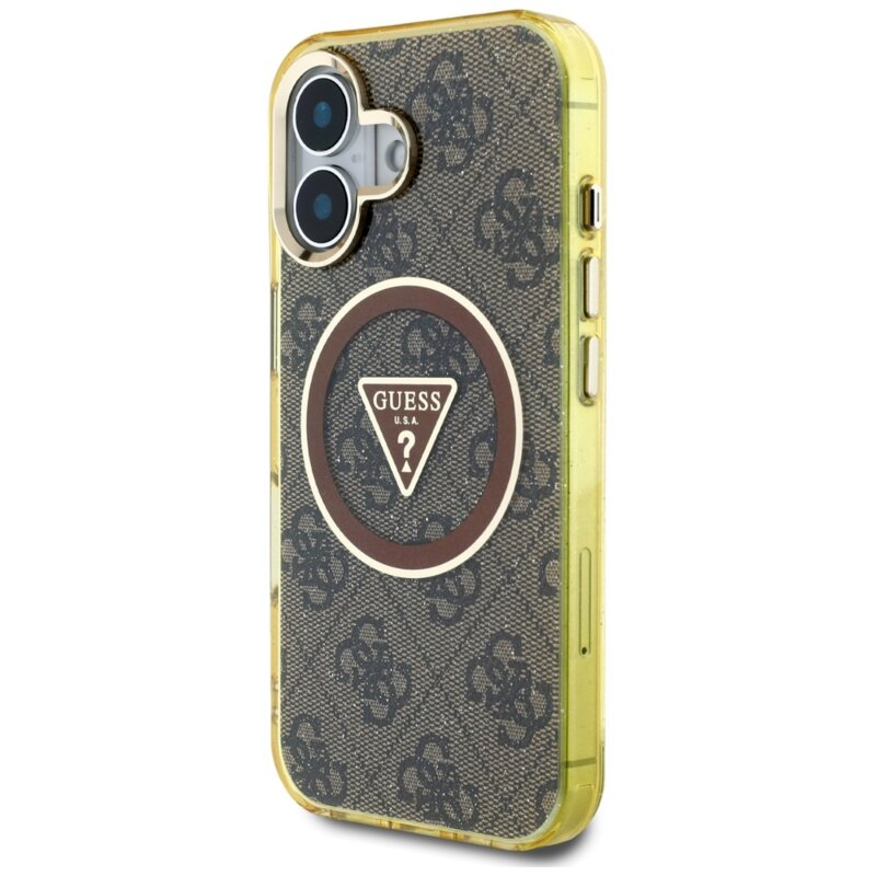 Husa iPhone 16 originala Guess IML Metal Glitter 4G Circle Triangle MagSafe, maro, GUHMP16SHG4PRTGW