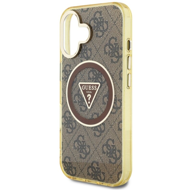 Husa iPhone 16 originala Guess IML Metal Glitter 4G Circle Triangle MagSafe, maro, GUHMP16SHG4PRTGW