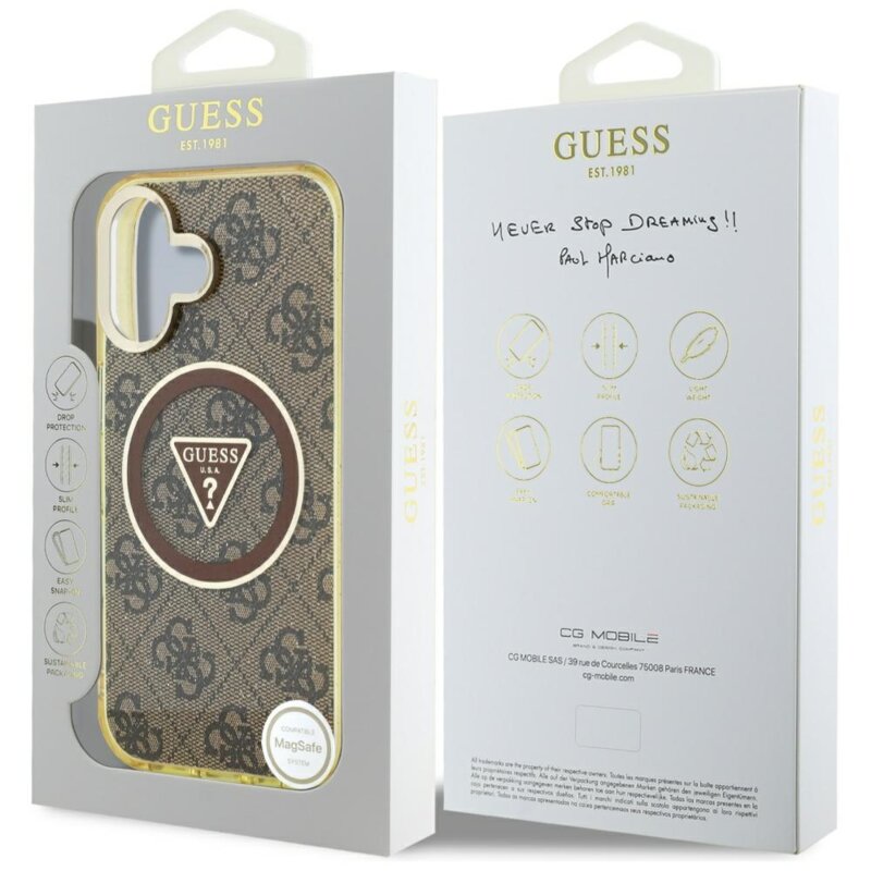 Husa iPhone 16 originala Guess IML Metal Glitter 4G Circle Triangle MagSafe, maro, GUHMP16SHG4PRTGW