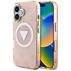 Husa iPhone 16 originala Guess IML Metal Glitter 4G Circle Triangle MagSafe, roz, GUHMP16SHG4PRTGP