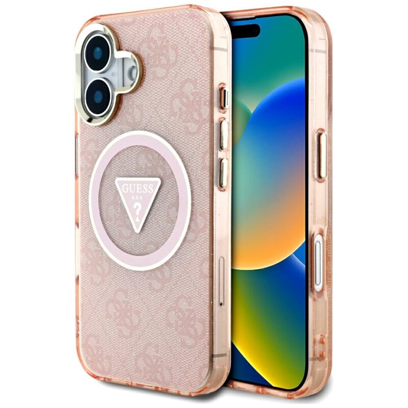 Husa iPhone 16 originala Guess IML Metal Glitter 4G Circle Triangle MagSafe, roz, GUHMP16SHG4PRTGP