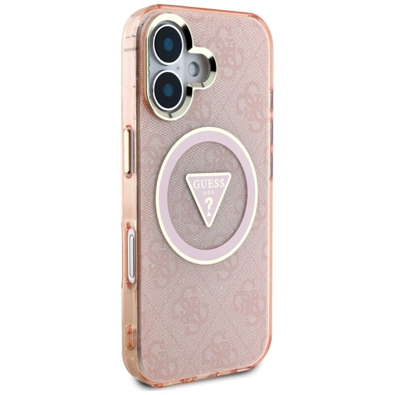 Husa iPhone 16 originala Guess IML Metal Glitter 4G Circle Triangle MagSafe, roz, GUHMP16SHG4PRTGP