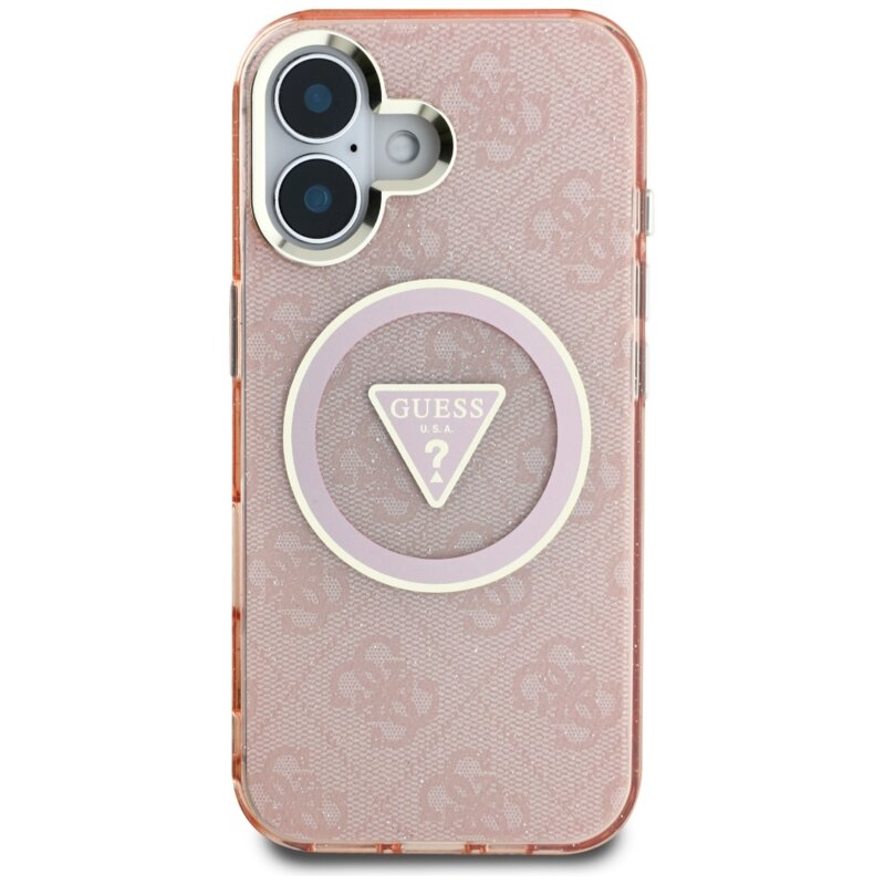 Husa iPhone 16 originala Guess IML Metal Glitter 4G Circle Triangle MagSafe, roz, GUHMP16SHG4PRTGP